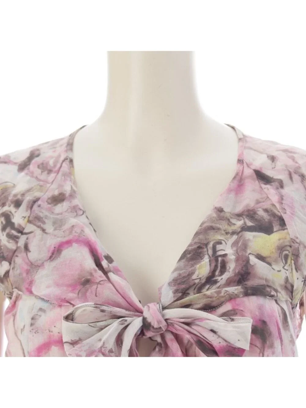 Chanel 09P Camellia Cotton Bow Tie Sleeveless Blouse Top Pink White Yellow 38